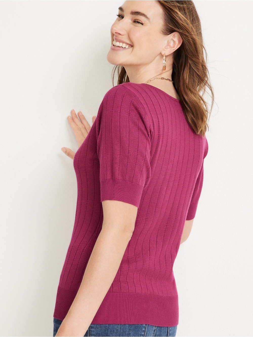 Maurices Raspberry Sweetheart Short Sleeve Ribbed Top - Picture 2 of 8